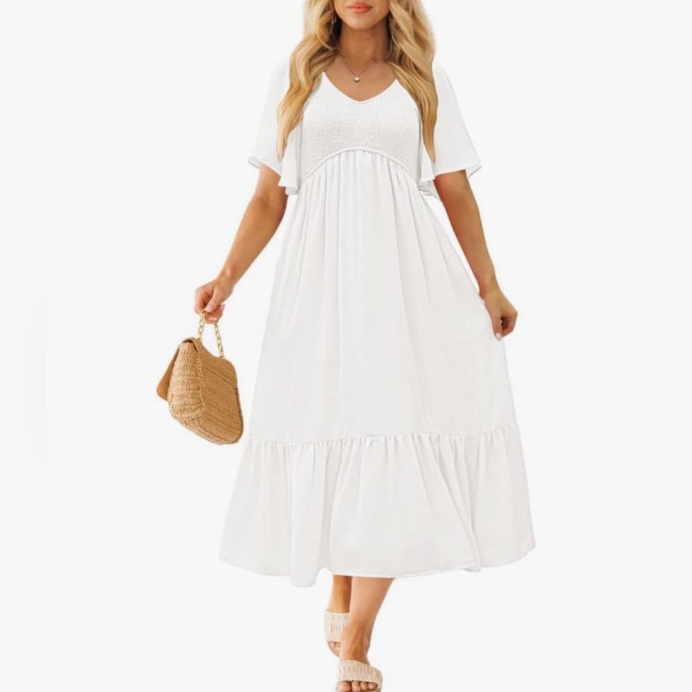 Lillusory Flowy White Smocked Midi Dress